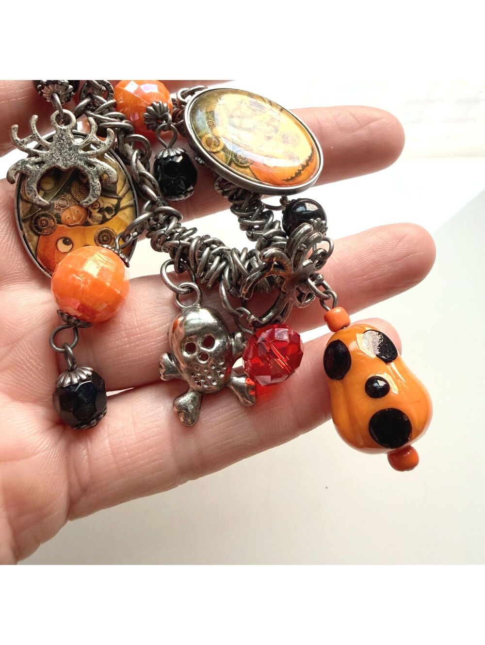 Vintage Halloween Charm Stretch Bracelet Pumpkin Ghost Spider 6.75"-9โ ๐ - Picture 3 of 5